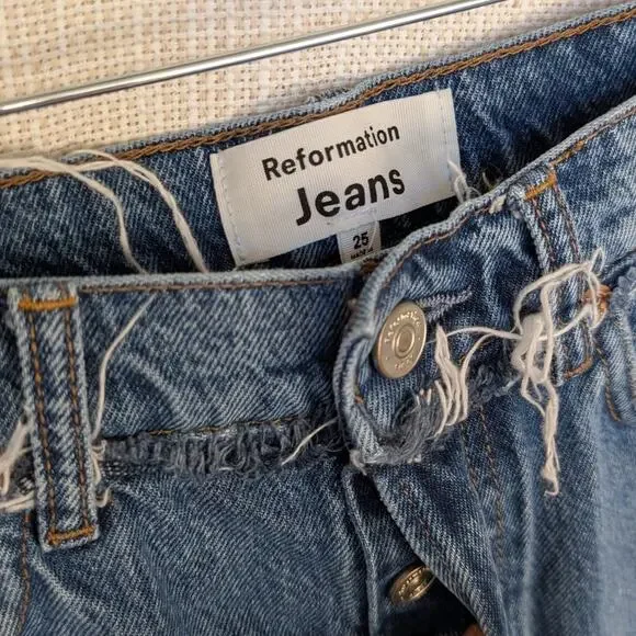 Reformation Natoma Blue Denim Distressed High-rise Straight Leg Jeans, size 25 - Picture 4 of 8